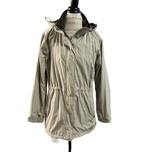 REI jacket/windbreaker tan with brown lining zipper and snap buttons large.